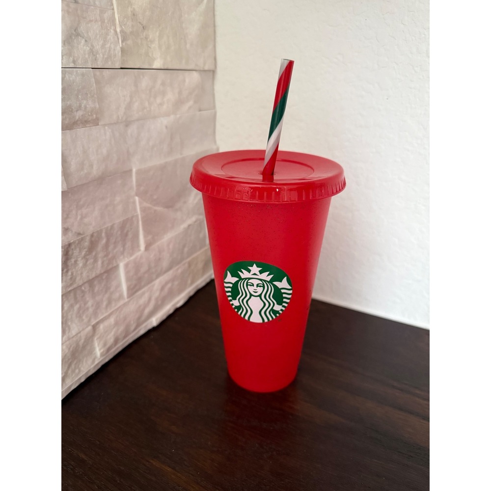 Starbucks Red Glitter Reusable Cold Cup Tumbler Holiday Candy Cane Straw 24oz